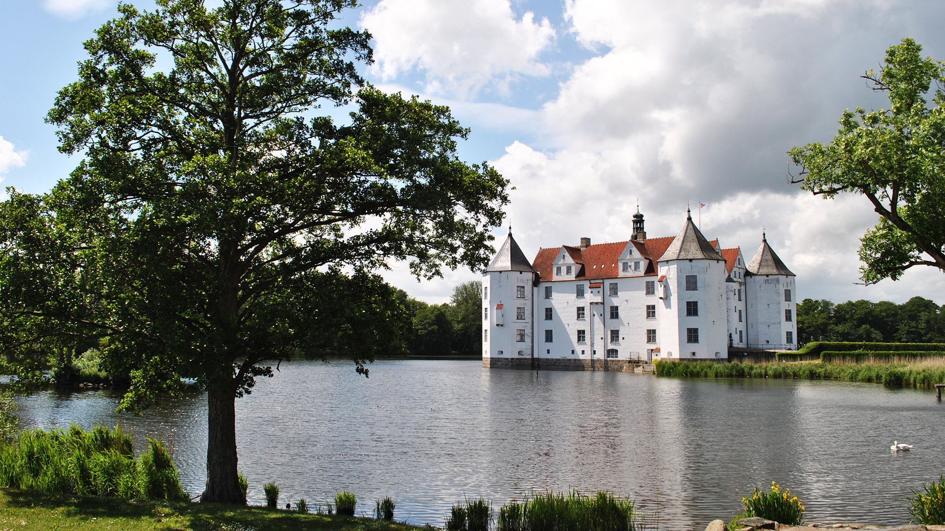 Ein Ausblick vom Land aus, auf das weiße Schloss Glücksburg mit dem roten Dach, das mit Wasser umgeben ist.